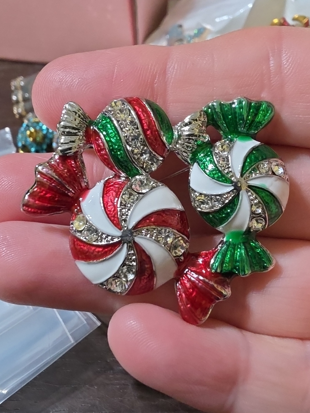 A131- Festive Red & Green Candy Pin Brooch